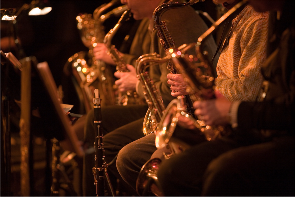 Mehrere Musiker sitzen nebeneinander und spielen Saxophone, Hände an Instrumenten, warmes Bühnenlicht